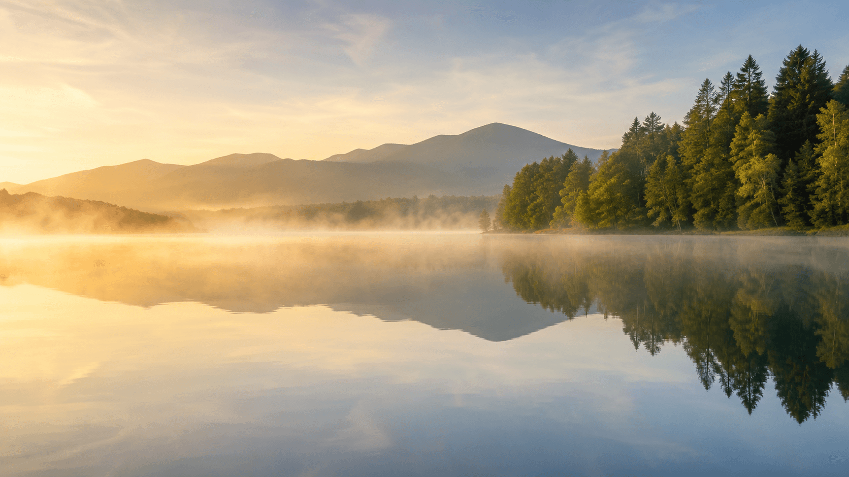 Morning light over a still mountain lake and forest