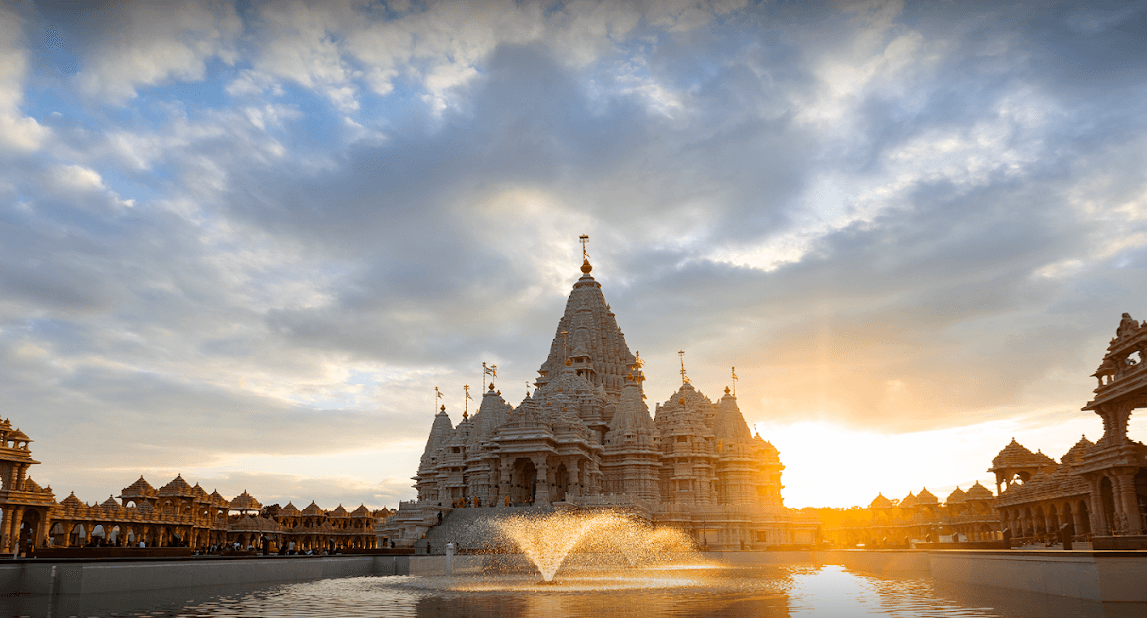 A temple illuminated by warm evening light